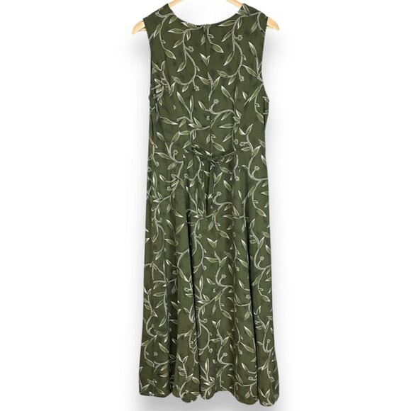 Vintage 90s Dress Green Leafy Floral Momcore Rayon Sleeveless Tie Waist Green - Picture 2 of 15